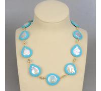 MQXFCZUX 19" White Coin Pearl Blue Crystal Necklace For Women