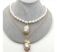 MQXFCZUX 19'' White Cultured Rice Pearl Gold plated Chain statement Necklace White Keshi Pearl Pendant necklace