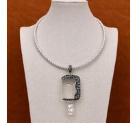 MQXFCZUX 19'' White Leather Necklace Keshi Pearl Clear Crystal Quartz Buddha Pendant