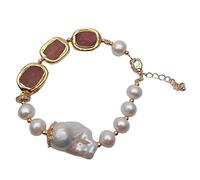 MQXFCZUX 19x28mm White Keshi Pearl Gemstone Charm Bracelet Freshwater Cultured Pearl Carnelian rectangle Bracelet