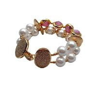 MQXFCZUX 2 Rows 12MM White Sea Shell Pearl Cat Eye Bracelet 8" Girlfriend Gift