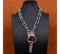 MQXFCZUX 2 Rows Blue Gold Plated Star Chain Necklace Amethyst Druzy Quartz Pendant 18" Lady Party Gifts