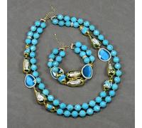 MQXFCZUX 2 Rows Cultured White Biwa Pearl Blue Faceted Paved Blue Cat eye Necklace Bracelet Sets Women Gifts (Sets)