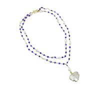 MQXFCZUX 2 Rows Cultured White Rice Pearl Blue Crystal Rosary Chain Necklace Gold Plated Quartzs Leaf Pendant For Women