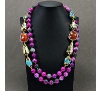 MQXFCZUX 2 Rows Mix Color Green Fuchsia Jade Cultured White Biwa Pearl Paved Cat eye Crystal Necklace