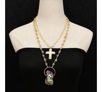 MQXFCZUX 2 Rows Yellow Citrine Gold Edge Crystal Chain Necklace Amethyst Citrine Rough Cross Pendant