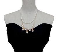 MQXFCZUX 2 Strands 4-5mm white potato pearl 15x23mm White Keshi Pearl Gold Plated Chain Choker Necklace