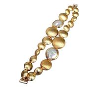 MQXFCZUX 2 Strands Freshwater Cultured White Coin Pearl 15-20-26mm Gold Plated Brushed Bead Bead Bracelet Women Wedding Jewelry