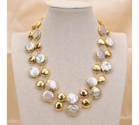MQXFCZUX 2 Strands Freshwater Cultured White Coin Pearl Brushed Beads Chain Necklace Multi Strands Luxurious Style Women Jewelry