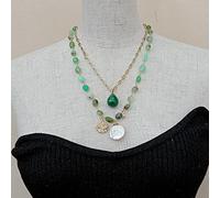 MQXFCZUX 2 Strands Green Chrysoprase Freeform Coin Pearl Malachite Teardrop Charm Gold Color Chain statement Necklace