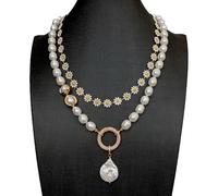 MQXFCZUX 2 Strands White Enamel Flower Chain white Baroque Pearl Necklace Coin Pearl Pendant