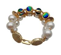 MQXFCZUX 2 Strands White Round Sea Shell Pearl Blue Glass Gold plated charm Bracelet 8" Girlfriend Gift