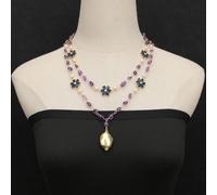 MQXFCZUX 20'' 2 Rows White Pearl Purple Amethyst Blue Crystal Flower Crystal Paved Necklace Brushed Bead Pendant