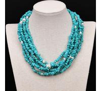 MQXFCZUX 20" 6 Rows Cultured White Pearl Blue Stone Chips Necklace Lady Jewelry Gifts