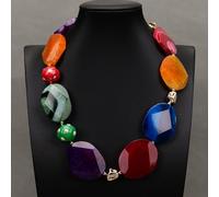 MQXFCZUX 20'' Big Colorful Agate Slice Stone Freeform Faceted Chunky White Keshi Pearl Bezel Enamel Beads Necklace Lady Gift