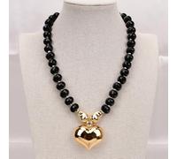 MQXFCZUX 20'' Black Stone Faceted Abacus Shaped Chokers Necklace Gold Plated Metal Vintage Big Heart Pendant