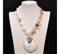 MQXFCZUX 20'' Opal Gems White Sea Shell Necklace Big White Shell Leaf Paved Gems Blue Murano Glass Pendant Charms