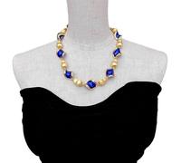 MQXFCZUX 20x23mm Blue Glass Gold Plated Brushed Bead Necklace Collar Choker Necklaces