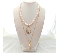 MQXFCZUX 21" 2 Rows White Rice Pearl GP Plated Chain Necklace keshi Pearl Facial Pendant