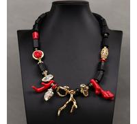 MQXFCZUX 21'' Black Tourmaline Cylinder Red Coral Branch Black Biwa Pearl Necklace Pendant Party Gifts For Lady