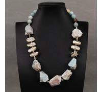 MQXFCZUX 21'' Mix Color Blue Big Rough Raw Nugget Stone Gold Plated White Keshi Pearl Bead Chunk Necklace For Women