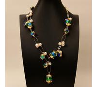 MQXFCZUX 21" White Pearl Blue Murano Glass Gold Plated Edge Beads Necklace Women's Classic Style Necklace