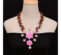 MQXFCZUX 22" Coffee Color Rice Pearl Necklace Gold Plated Rose Shell Pearl Flower Pendant