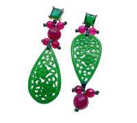 MQXFCZUX 22x40mm Carved Green Jade 6mm-8mm Fuchsia Agate Green Stud Drop Earrings