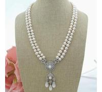 MQXFCZUX 23" 2 Strands 8-9 White round freshwater Pearl Necklace silver plated flower pave Pendant