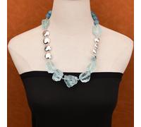 MQXFCZUX 23'' Blue Quartz Glass Rough Raw Blue Faceted Round Agate Silver Plated Brushed Coin Beads Necklace For Women
