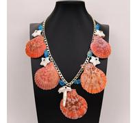 MQXFCZUX 23" Huge Orange Sea Shell Scallop Blue Glass White Pearl Carved Starfish Shell Necklace Pendant Summer Beach Jewelry