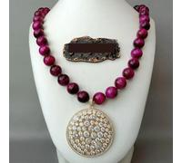 MQXFCZUX 23'' pave gold plated big coin pendant 14mm Round Fuchsia Tiger Eye Necklace necklace ethnic style for women