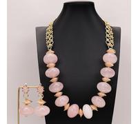 MQXFCZUX 25'' 20x30mm Huge Rose Quartzs Smooth Gold Plated Chain Brushed Beads Necklace Earrings Sets For Lady Gifts