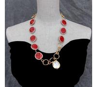 MQXFCZUX 25x27mm Red Spong Coral Crystal Pave White Coin Pearl Charm Gold Plated Chain Necklace Jewelry For Women