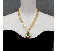 MQXFCZUX 25x35mm Green Jasper Red Crystal Oval Shape Pendant 21x15mm Gold Plated Chain Necklace