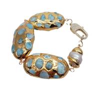 MQXFCZUX 26x46mm Blue Gold Plated Beaded 15x23mm White Baroque Pearl Bracelet