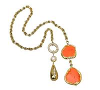 MQXFCZUX 29" Gold Plated White Biwa Pearl Orange Gems Stone Lariat Chain Necklace Pendant
