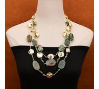 MQXFCZUX 3 Rows Big Green Chrysoprase Gems Slice Cultured White Coin Pearl Green Crystal Chain Necklace Jewelry Gifts