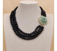 MQXFCZUX 3 Rows Black Round Pearl Necklace Green Stone Gold plated Flower Clasp