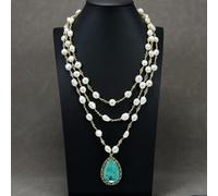 MQXFCZUX 3 Rows Freshwater White Keshi Pearl Mix Color Rosary Chain Necklace Green Quartz Teardrop Pendant