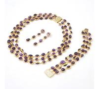 MQXFCZUX 3 Rows Purple Amethyst Freeform With Electroplated Gold Edge Necklace Earrings Bracelet Sets For Women (Jewelry sets)