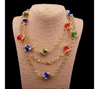 MQXFCZUX 3 Strands 17x23mm Green Blue Red Glass Gold Plated Chain Necklace
