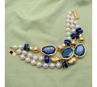 MQXFCZUX 3 Strands 8-9mm Cultured White Pearl 35x34mm Blue Lapis Beaded Bracelet Fashion Jewelry