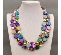 MQXFCZUX 3 Strands Mix color Agate Ocean Jasper Gold Plated Brushed Beads Coin Necklace Multi Rows Jewelry For Lady