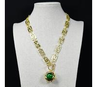 MQXFCZUX 32mm Big Green Cat eye Paved Red Green Crystal Pendant Gold Plated Copper Fashion Paperclip Neck Chain Necklace 23"