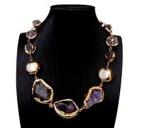 MQXFCZUX 32x45mm Purple Stone Amethyst Rough Raw White Pearl Necklace