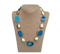 MQXFCZUX 35x30mm Blue Agate Slice Geode 19x25mm Gold Plated Brushed Bead Necklace For Women