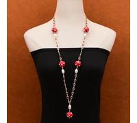 MQXFCZUX 36'' Red Enamel Glaze Paved Keshi Pearl White Rice Pearl Gold Plated Fuchsia Crystal Chain Necklace Pendant