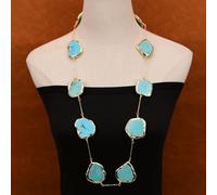 MQXFCZUX 36" Stone Blue Chunk Electroplated Gold Edge Plated Long Chain Necklace Ethnic Jewelry