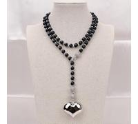 MQXFCZUX 38'' Black Round Pearl Long Necklace Sweater chain Silver Color Metal Heart Pendant